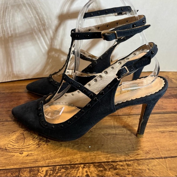 Boden Ashley T Bar heels Sz 38 / 7 Leather Made in Spain Studded Double T Strap - Picture 1 of 12